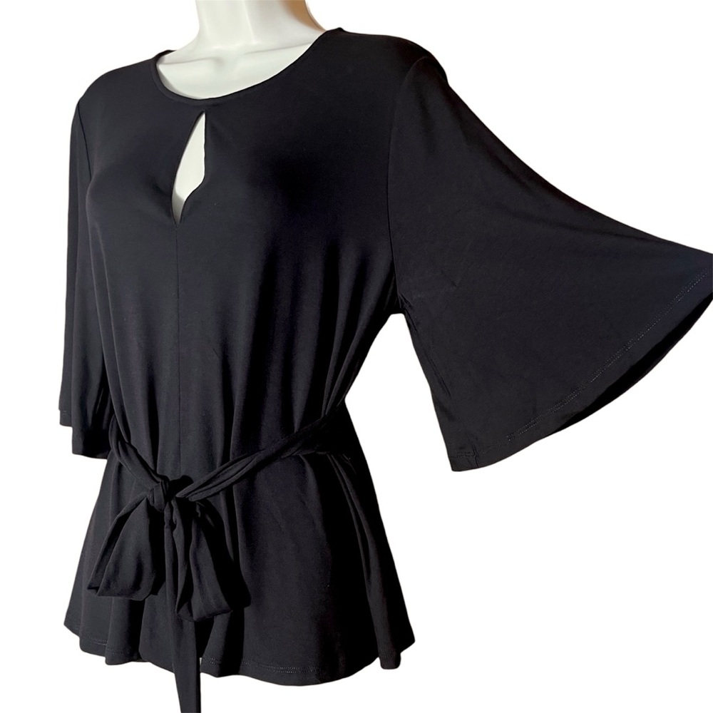 Peruvian Connection Black Keyhole Top Tie Waist Flutter Sleeve Stretch Blouse M - Picture 3 of 14